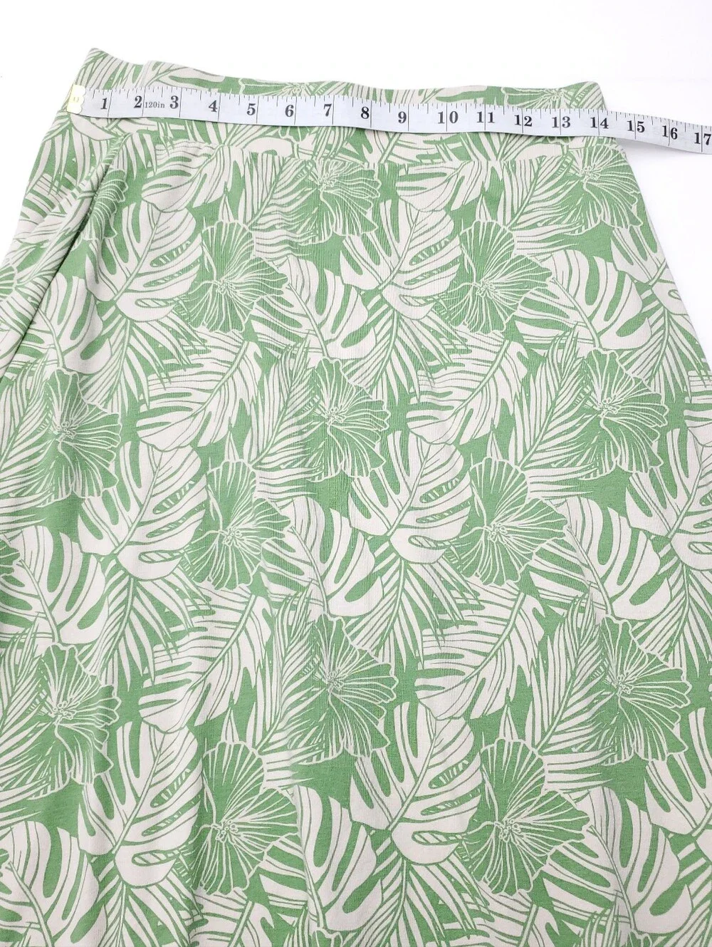Pact Green/Cream Jade Palms Leaf Print Fit And Flare Midi Skirt Travel Size L